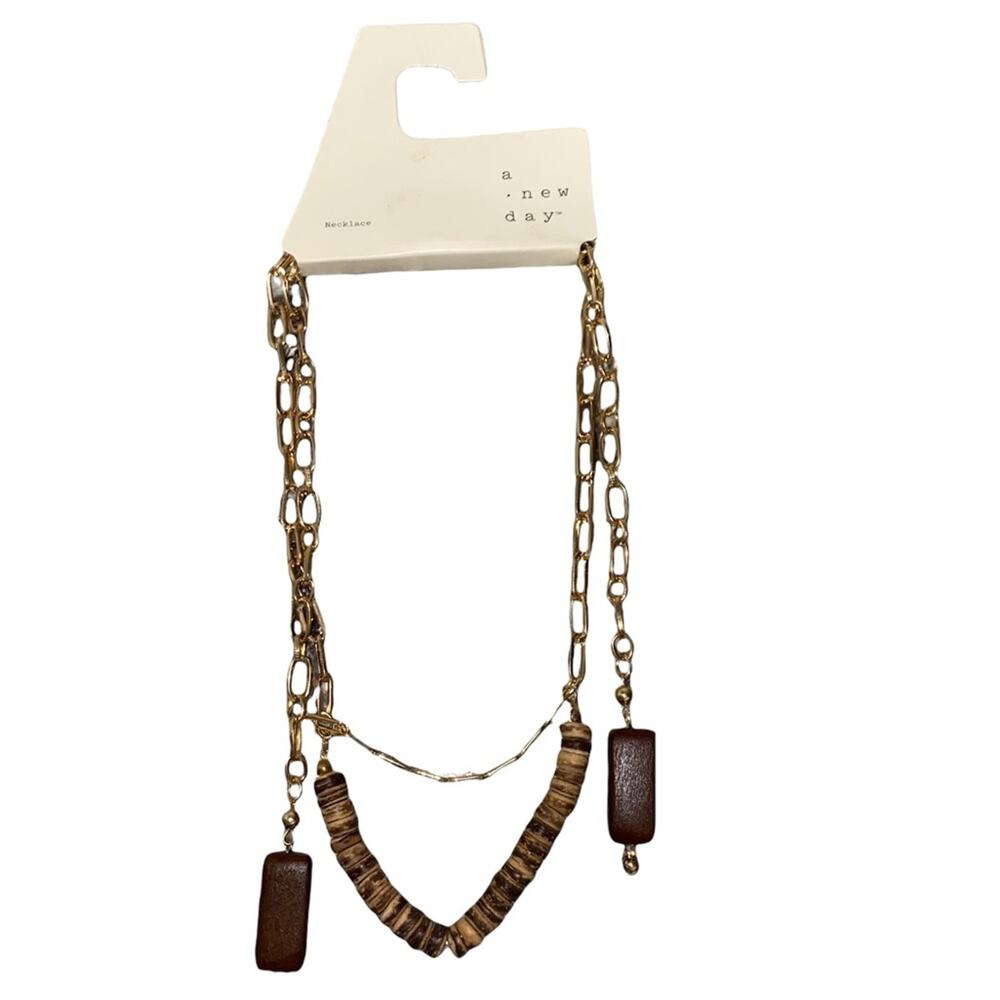 NWT A‎ New Day Boho Necklace Wood Bead Gold Chain Statement Layered